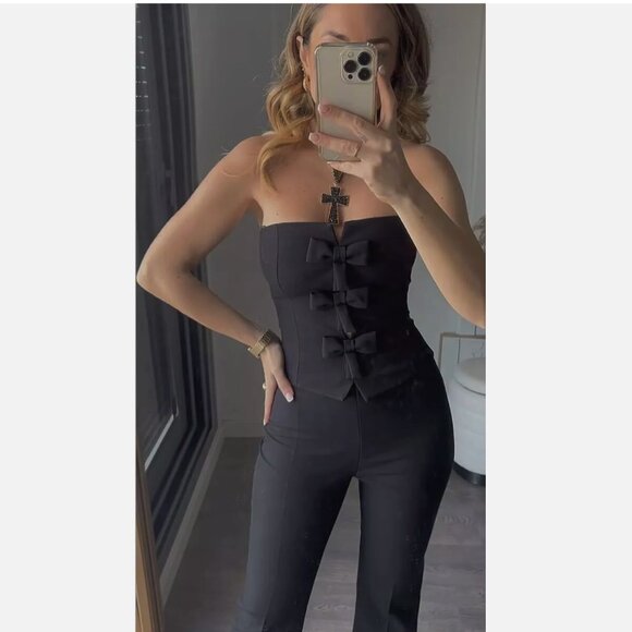ZARA WOMAN SS24 STRAPLESS BOW JUMPSUIT BLACK Size S NEW WITH TAG! - Picture 7 of 9